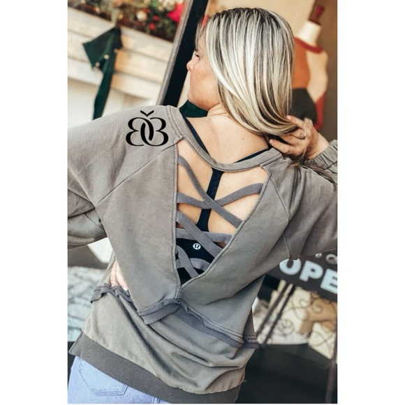 POL Vintage Charcoal Criss Cross Back Slouchy French Terry Pullover - Picture 11 of 13